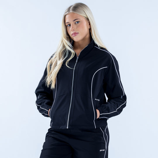 Women's black track jacket with full zip, stand collar, and white piping