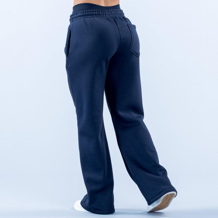 Dark navy wide-leg jogger pants with elastic waistband and back patch pocket