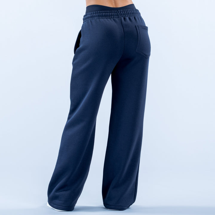 Dark navy wide-leg jogger pants with elastic waistband, relaxed straight legs