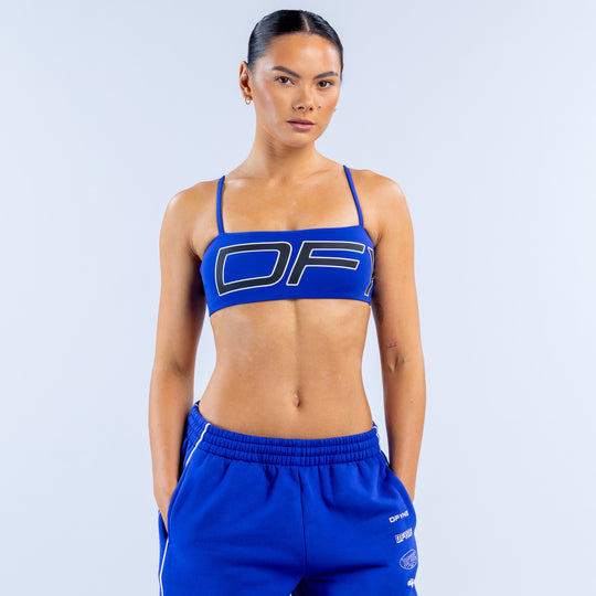 Kids' 5th birthday sports bra, blue with large front logo and racerback straps