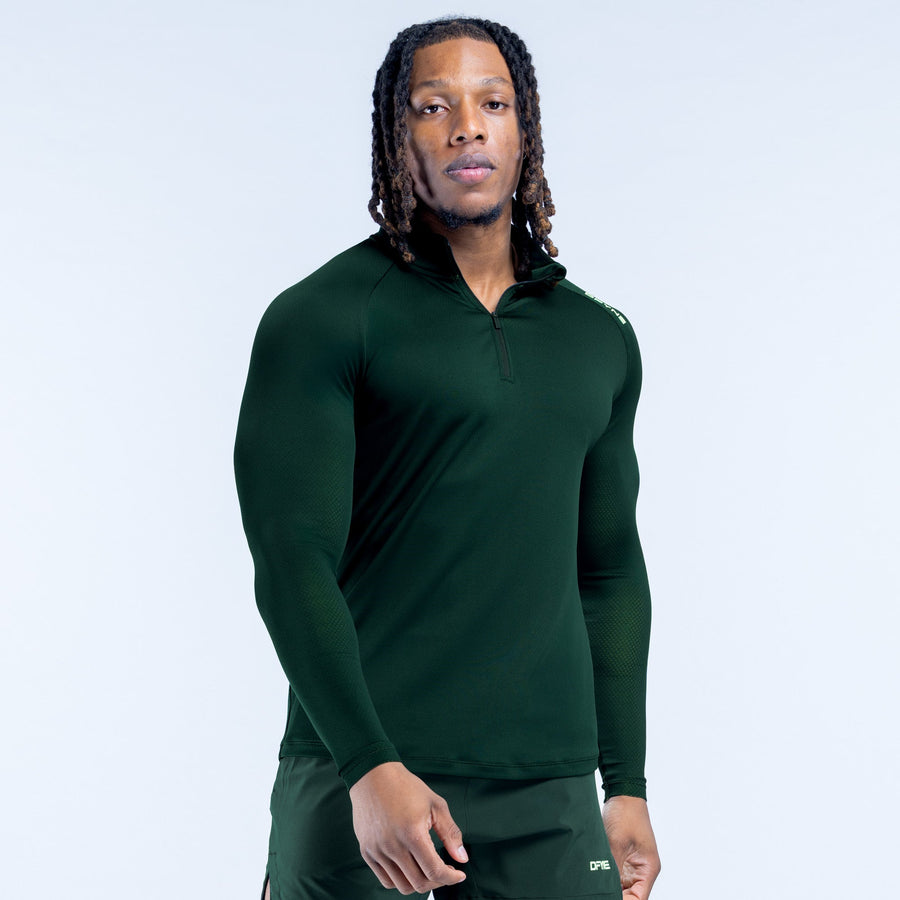 Dark green quarter-zip pullover with long sleeves and zip neck