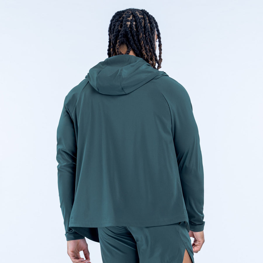 Dark green hooded zip jacket, rear view with adjustable hood