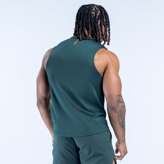 Unbound tank, sleeveless, deep green; racerback straps and back collar detail